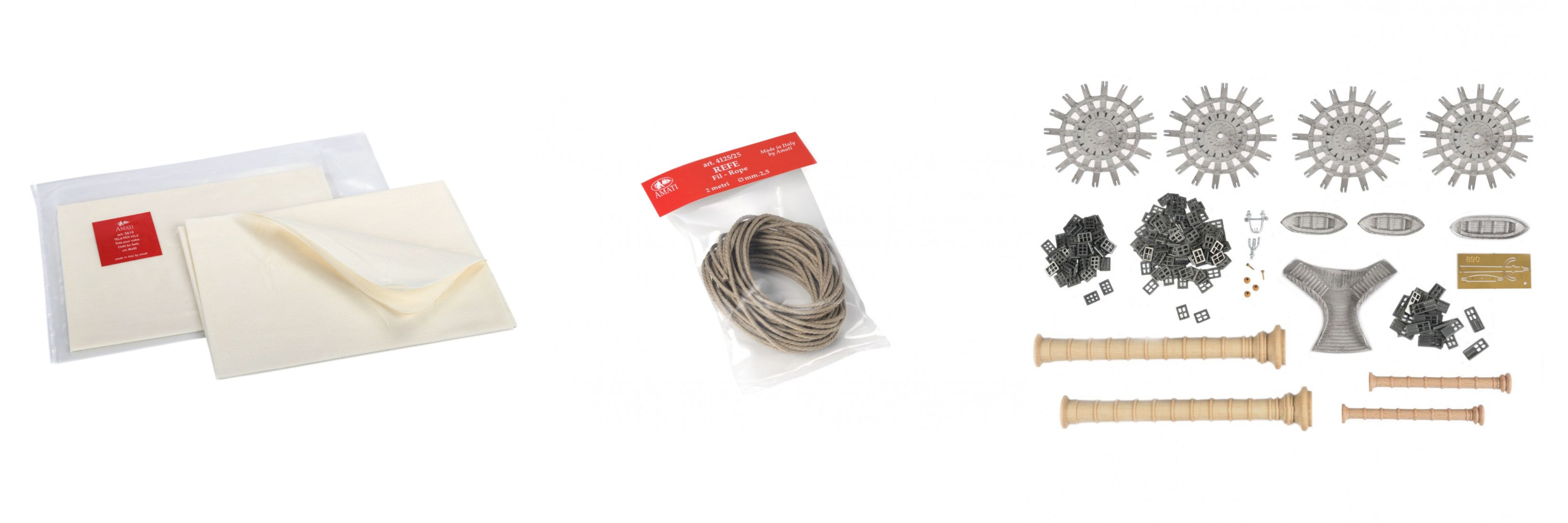 Sailcloth fabric, spool of rigging thread, and set of metal and wooden accessories for model ship building.