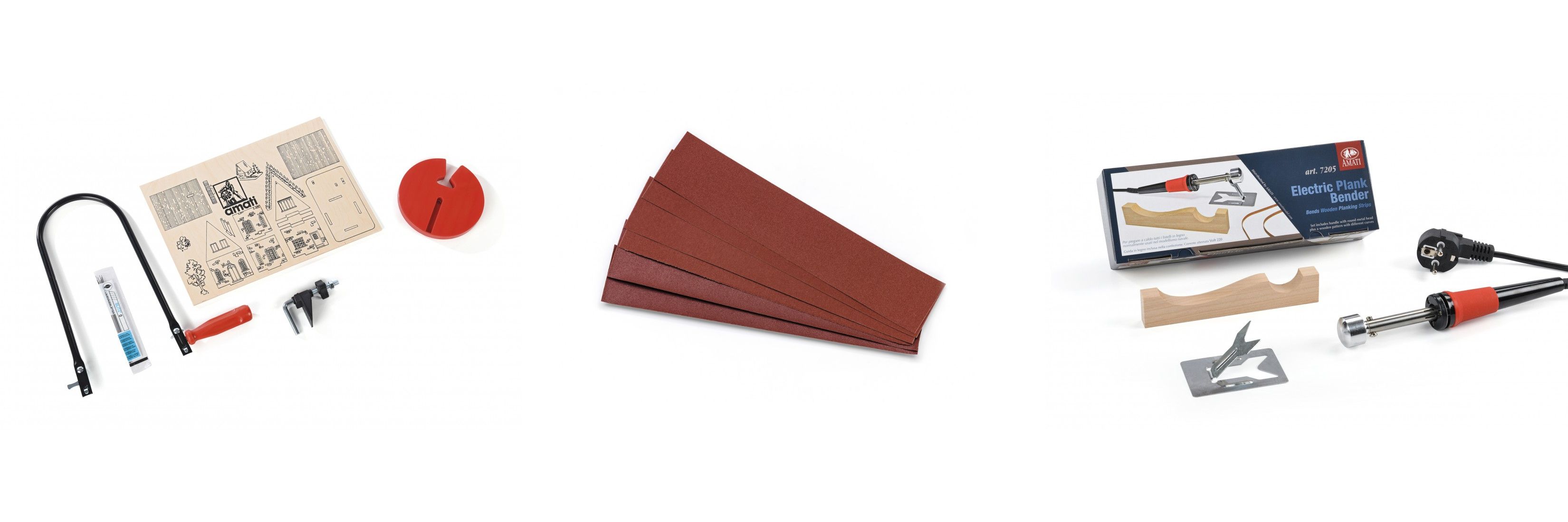 Herramientas Amati para modelismo naval: sierra de marquetería, papel de lija y dobladora eléctrica