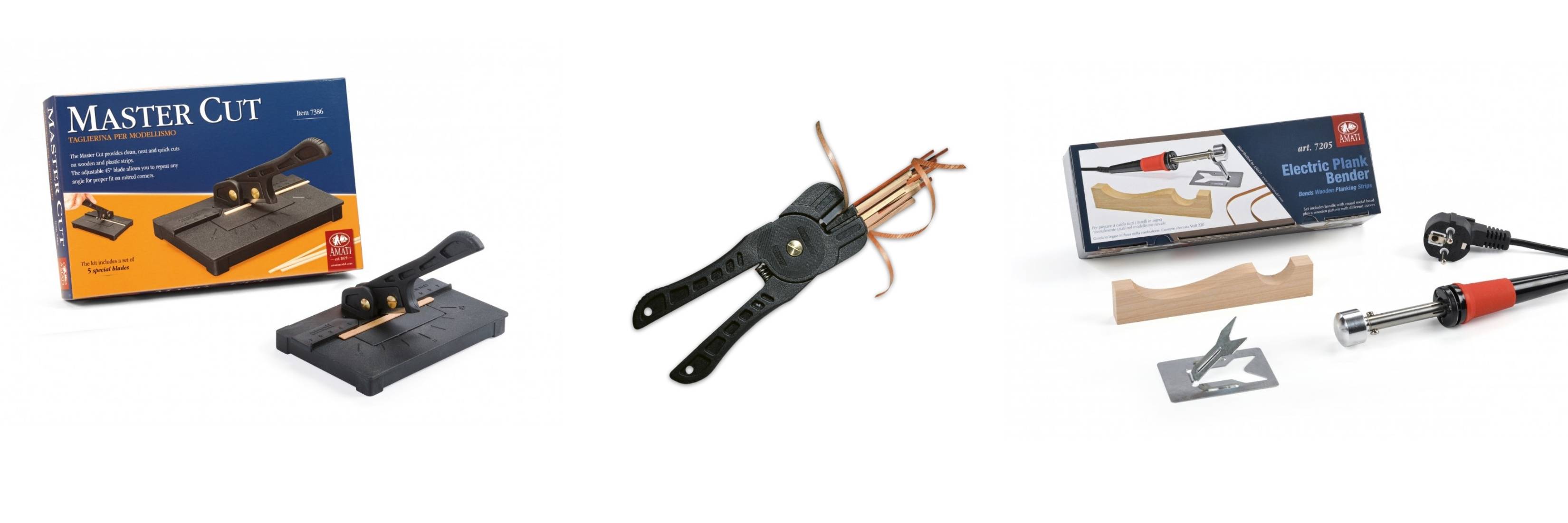 Attrezzi per modellismo navale: taglierina Master Cut, pinza piegalistelli e piegalistelli elettrico Amati