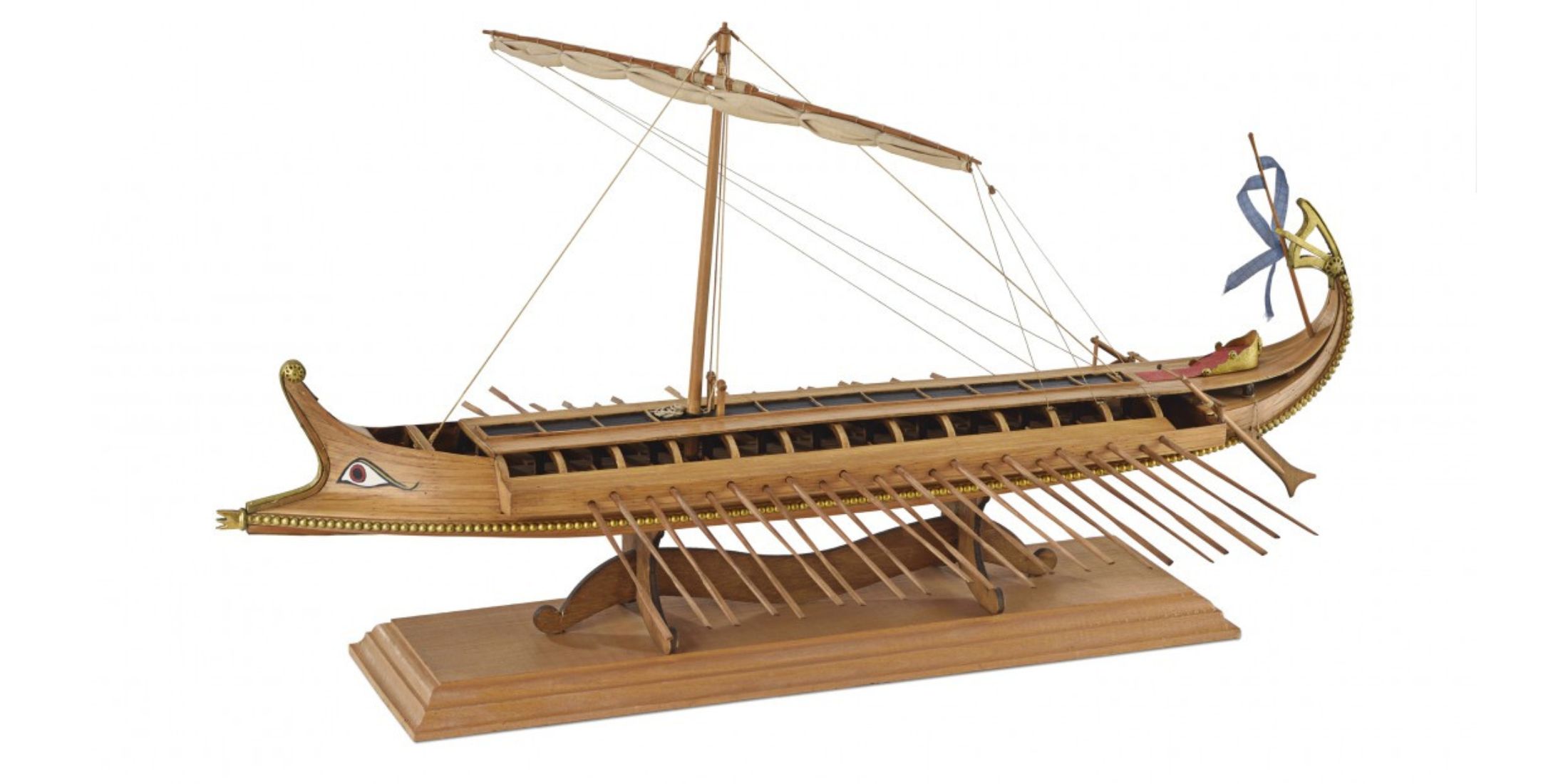 Ancient Greek bireme wooden model with oars and central sail