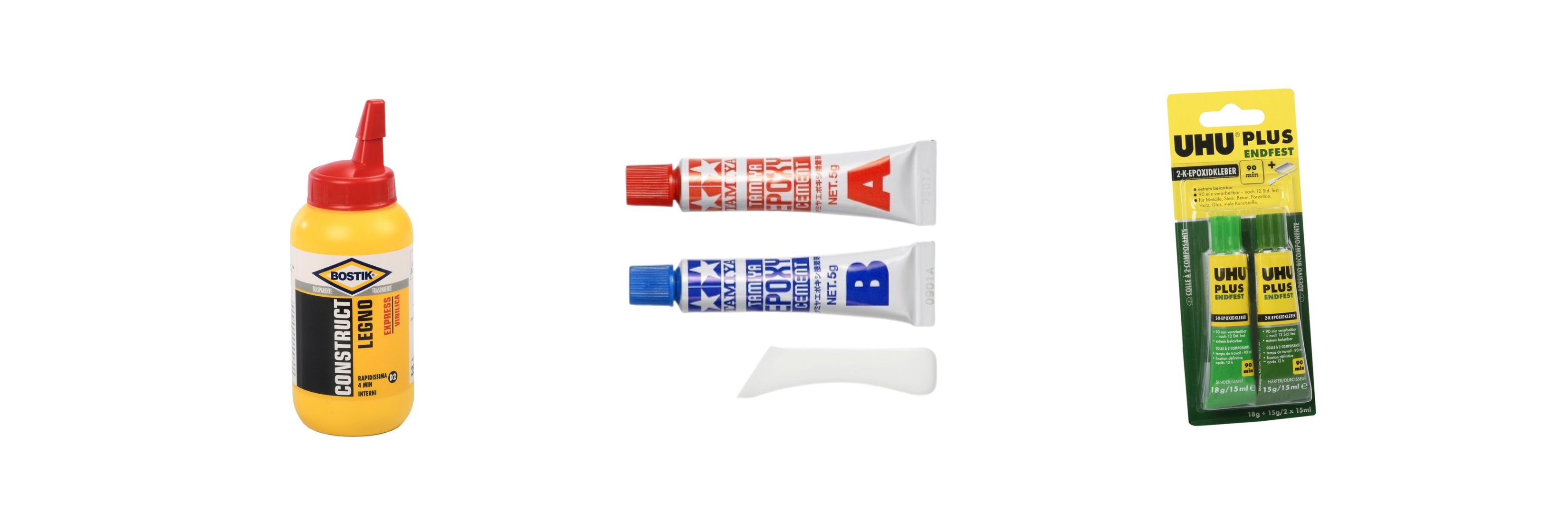 Sélection de colles pour modélisme de marques professionnelles, adaptées au plastique, au bois et au métal, présentées sur fond blanc