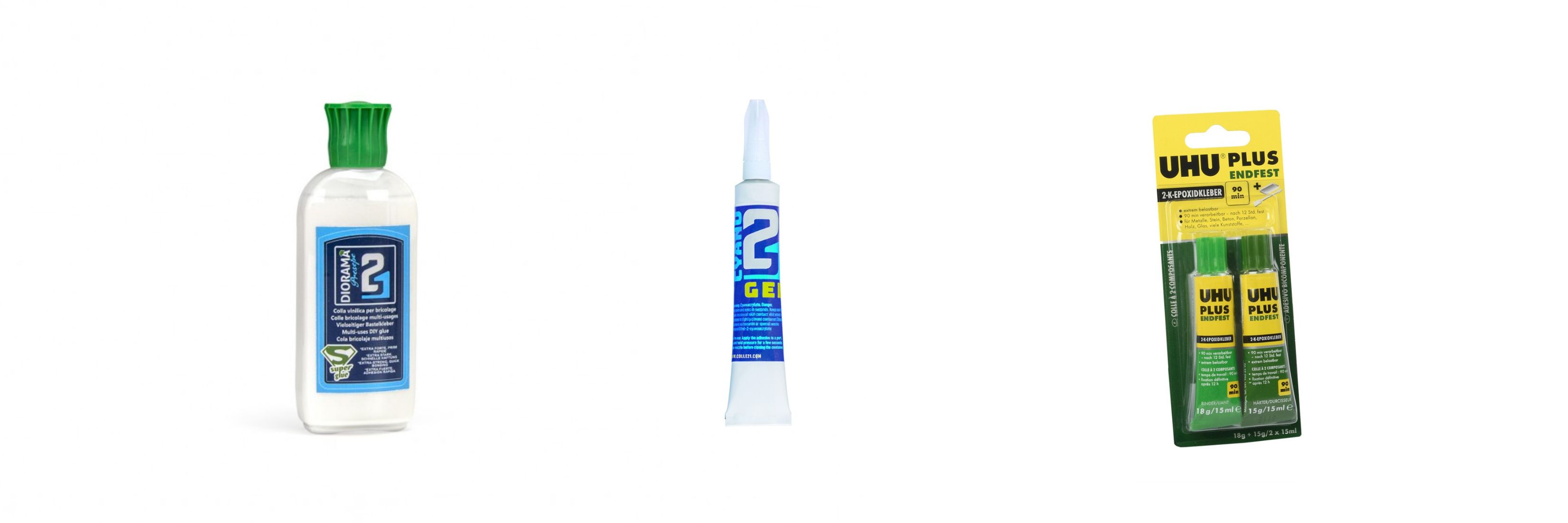 Types de colles pour modélisme comme la colle vinylique, cyanoacrylate et époxy