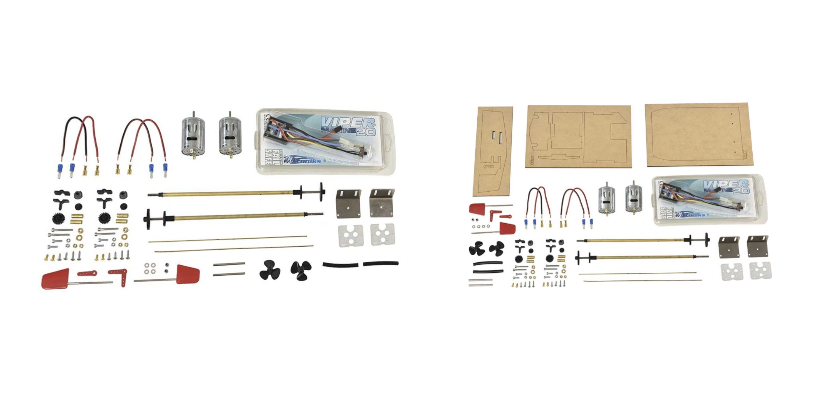 Kit de motorisation pour modélisme naval dynamique avec moteurs, hélices et accessoires.