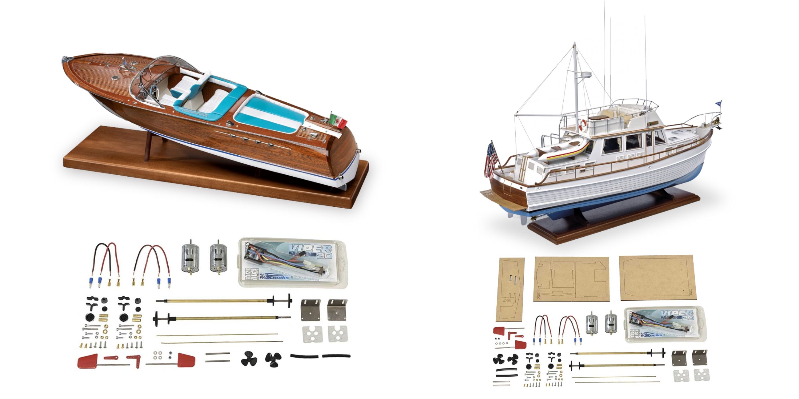 Modèles navals motorisables avec kits correspondants : Riva Aquarama et Grand Banks avec accessoires.