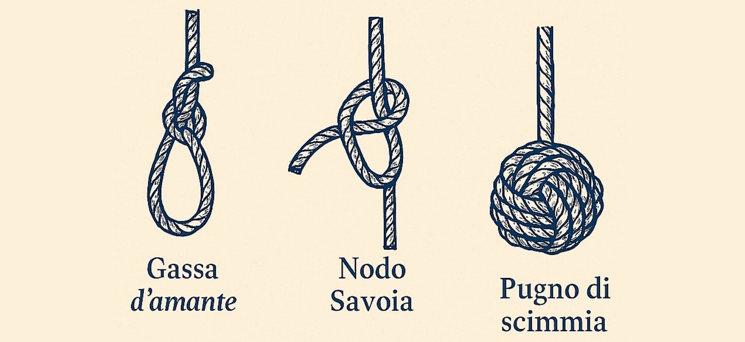 Illustration von drei seemännischen Knoten: Palstek, Achtknoten und Affenfaust.
