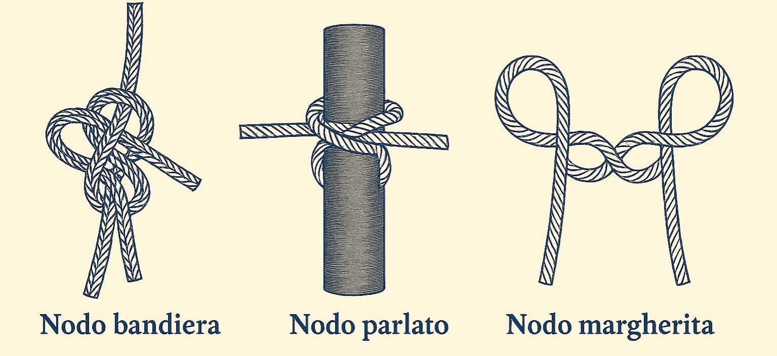 Illustration von drei seemännischen Knoten: Kreuzknoten, Webleinstek und Schmetterlingsknoten.
