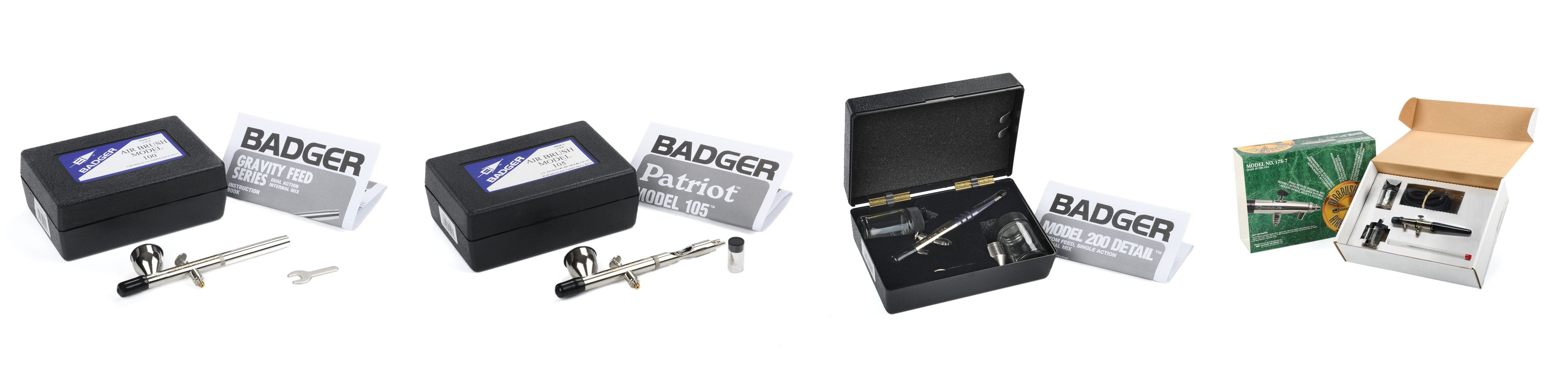 Set aus Badger Airbrushes für statisches Modellbau mit den Modellen 100, Patriot 105, 200 Detail und 175 Crescendo in Originalverpackung
