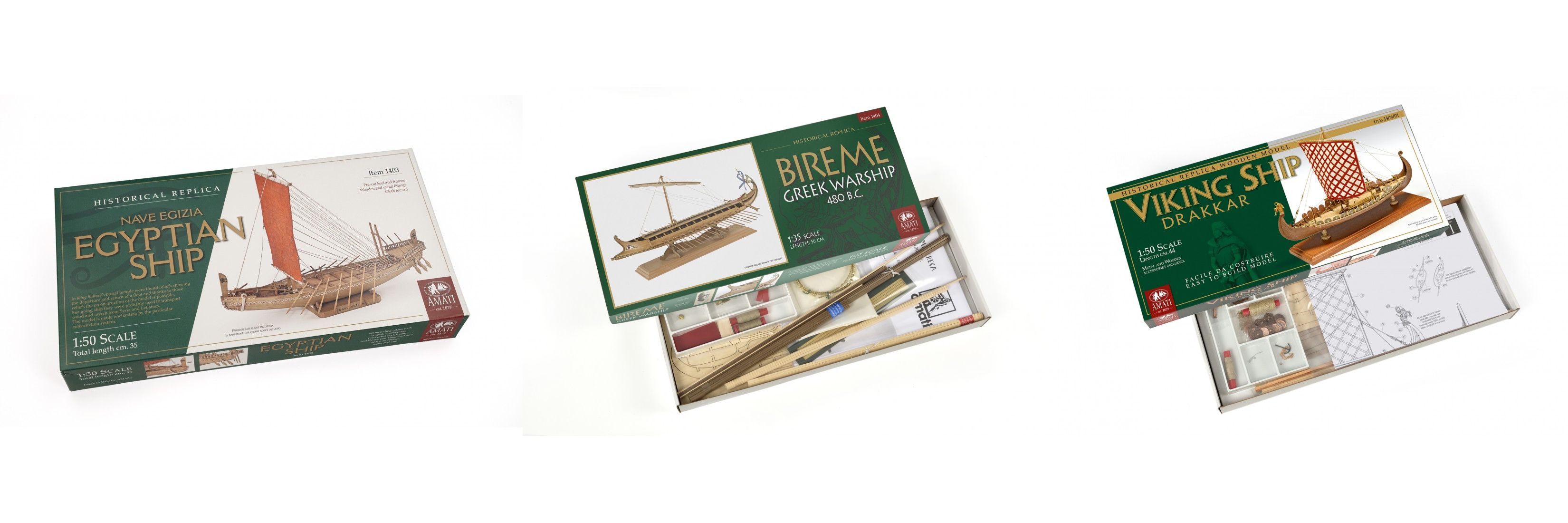 Amati set of ancient naval models: Egyptian ship, Greek bireme and Viking drakkar