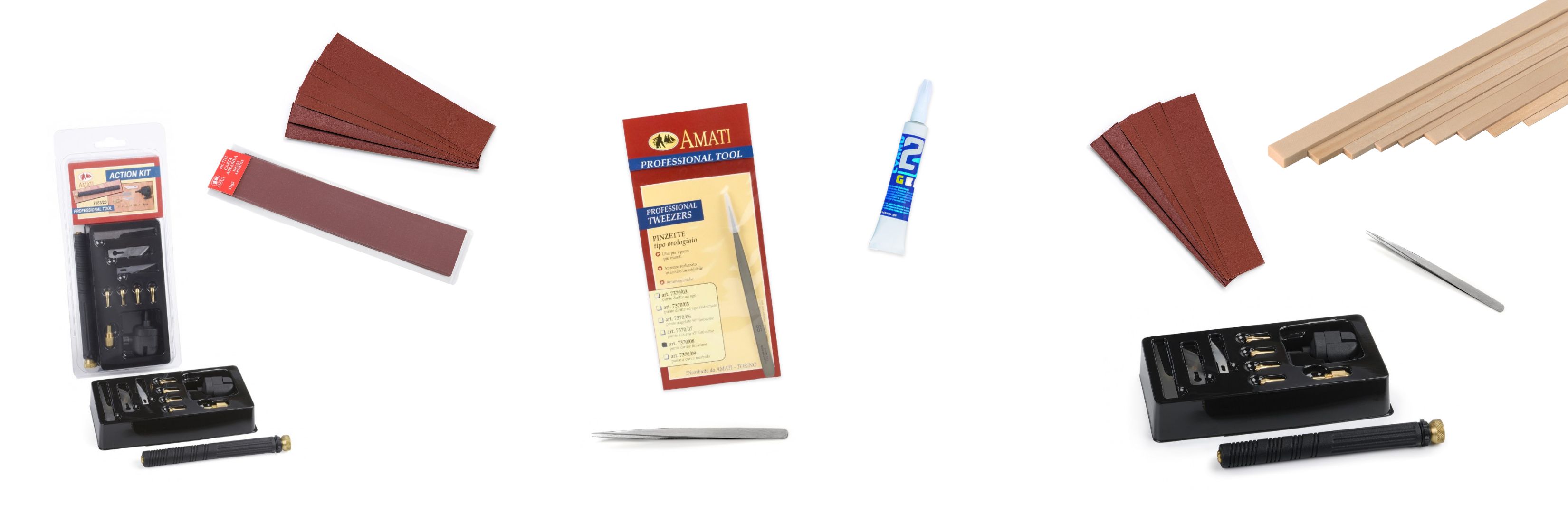 Kit d’outils pour modélisme avec pincettes droites, action kit, colle, baguettes en tilleul et papier abrasif