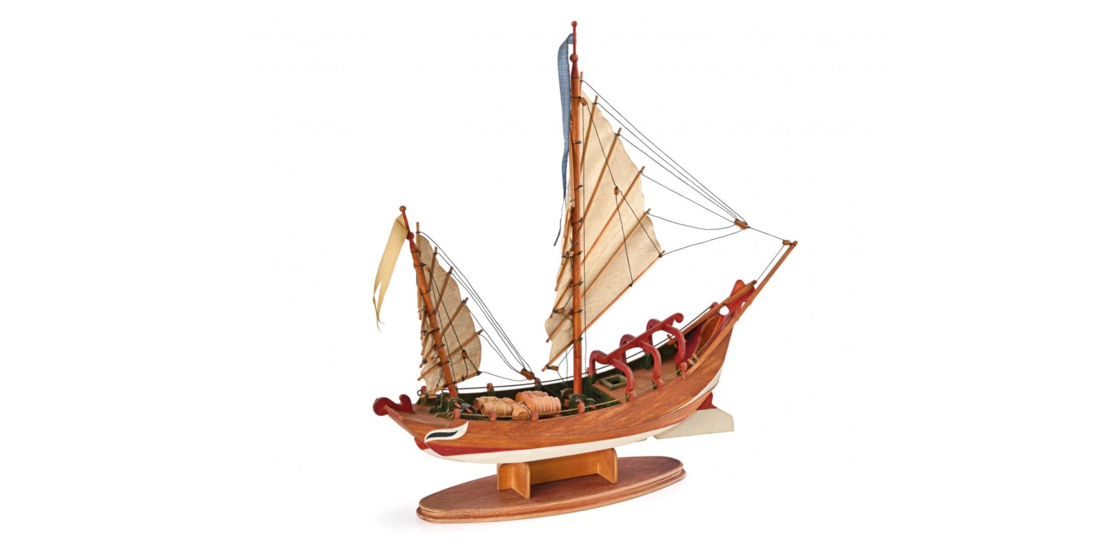 Scale model of traditional Asian sampang boat, featuring Chinese-style sails and red wooden structure. Craft assembly kit.